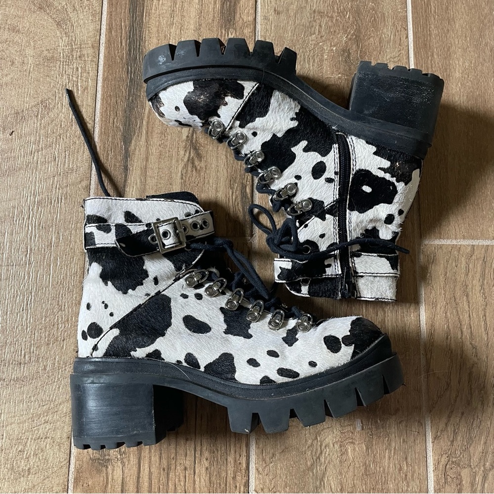 Jeffery Campbell Czech black and white cow print combat boots 8